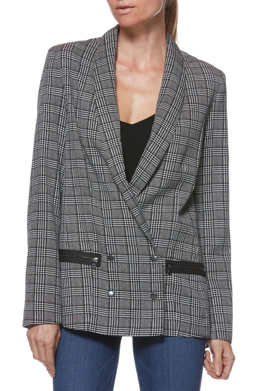 PAIGE Karissa Houndstooth Plaid Double Breasted Blazer Black White S